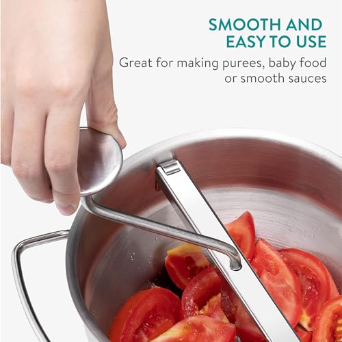 Navaris Food Mill - 20.5cm Stainless Steel Rotary Food Mill Sieve Grater with 3 Grinding Discs - Vegetable Strainer Sauce Maker to Grind/Puree Food