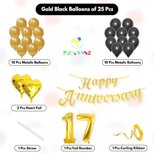 Image of Flyloons 17th Happy Anniversary Decoration Items Gold Black for Men Women Husband Wife Mom Dad Couple Home Bedroom Car With 20 Pcs Metallic Balloons Anniversary Banner 2 Pcs Heart Set Kit Golden