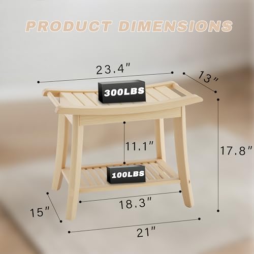 Image of Bamboo Shower Bench Stool,24 inch Shower Chair Seat Non-Slip,Waterproof Bathroom Bench with Storage Shelf for Adults,Elderly, Disabled Indoor&Outdoor Use (Natural)