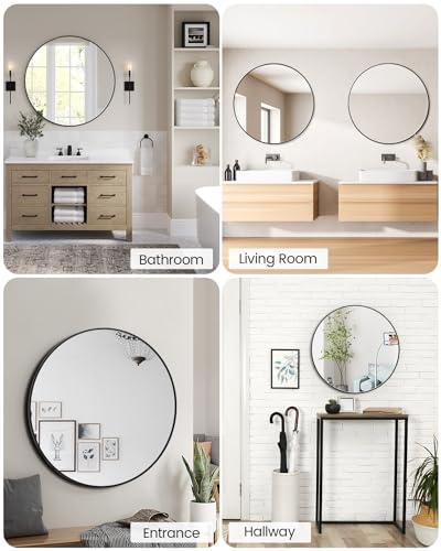 Round Mirror, 32 inch Circle Mirror, HD Eco-Friendly Round Bathroom Mirror for Over Sink, Big Matte Black Metal Framed Wall Mirror for Wall, Vanity, Entryway, Hallway, Living Room, Easy to Install