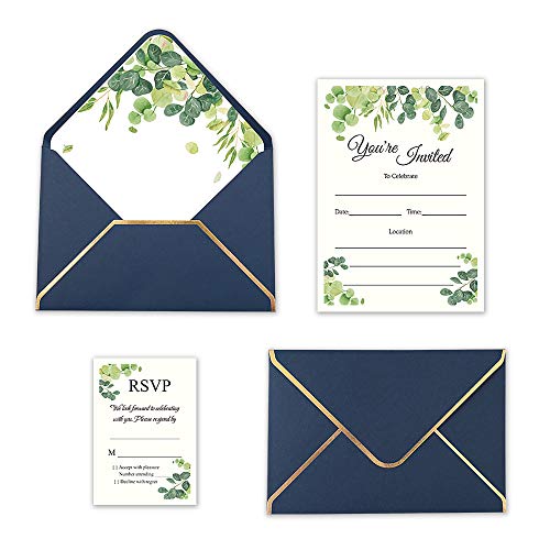 DORIS HOME 25pcs Navy Blue Fill-in Invitations Cards with Eucalyptus leaves and Envelope with Gold Border for Wedding, Engagement, Birthday