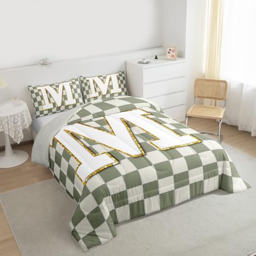 Image of Erosebridal Sage Green Checkered Kids Comforter Sets Plaid Initial M King Bedding Set for Adults Personalized Monogram Comforter Set,Fashion Grids Gingham Quilt Duvet 3 Pcs