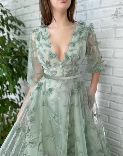 Long Sleeve 3D Butterflies Prom Dress for Teens 2025 V Neck Tulle Evening Party Gown Fairy Sweet 16 Dress LL-M0343