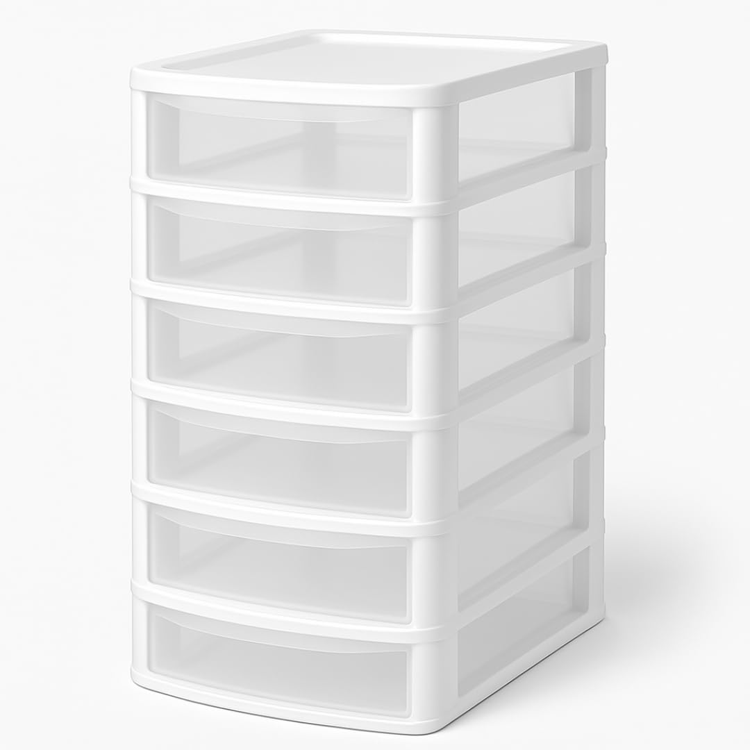 A4 PLASTIC STORAGE DRAWERS DRAW TOWER UNIT OFFICE DESKTOP TABLETOP HOME SCHOOL GARAGE MODULAR & PORTABLE DRAWERS OFFICE DESK ORGANIZER SLIM A4 SIZE 2|3|4|6|8 TIERS (White/Clear, A4 Slim 6 Drawers)