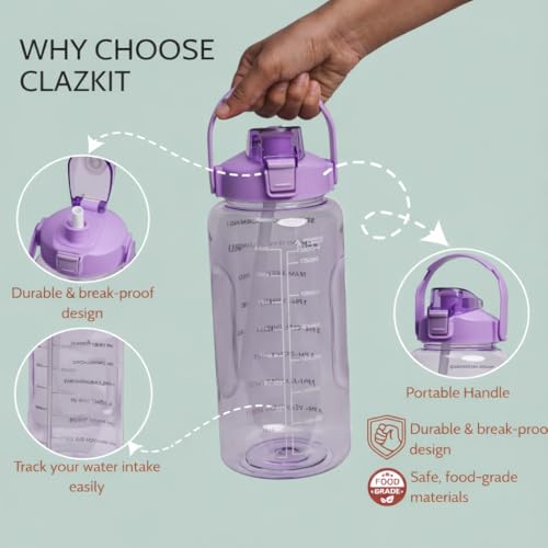 Image of Motivational Water Bottle 2 Litre with Time Marker | Leak Proof BPA Free Gym Bottle | Sports Drinking Bottle with Straw & Handle for Office, Gym, School (purple and pink)
