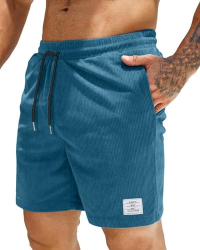 LVCBL Men's Casual Corduroy Shorts Classic-Fit Plaid Flat Front Casual Shorts Elastic Mid Waist with Drawstring Blue 2XL