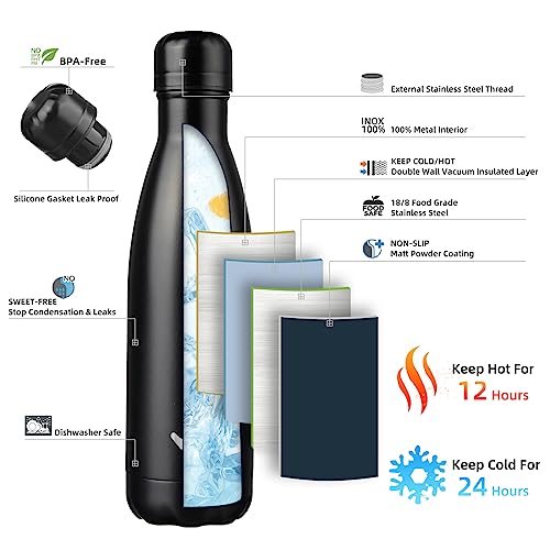 Image of Konokyo Insulated Water Bottles,17 oz Double Wall Stainless Steel Vacumm Metal Flask for Sports Travel,Midnight Black