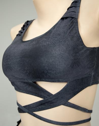 MEOWCOS Future Dystopian Wasteland Style Black Grey Swimsuit Straps Top and Triangle Bikini Bottoms with Arm Sleeves4