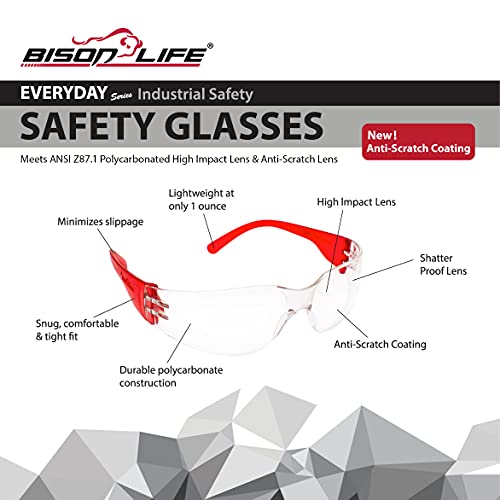 Image of BISON LIFE Clear /Red Safety Glasses for Men & Women, ANSI Z87.1, 144 Pack | Scratch & Impact Resistant Wraparound Safety Goggles, UV Protection Eyewear for Work, Construction, Lab, Industrial