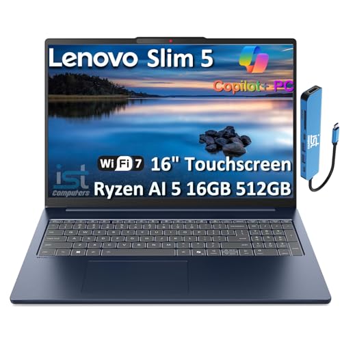 Image of Lenovo Slim 5 Touchscreen Laptop (16 inch FHD+, AMD Ryzen AI 5 340 (>i7-1355U), 32GB DDR5, 1TB SSD) Copilot+ PC for Business, Home, IR Webcam, Backlit, 11-Hr Battery Life, IST hub, Wi-Fi 7, Win 11 Home