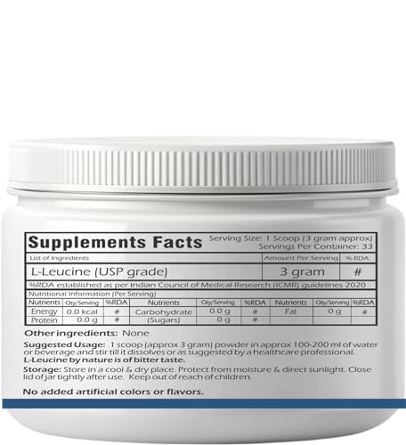 Image of Trexgenics L-LEUCINE PHARMACEUTICAL USP grade 33 Servings, Unflavoured Pure Powder Recovery, Muscle Preservation, Muscle Growth (100 gram)