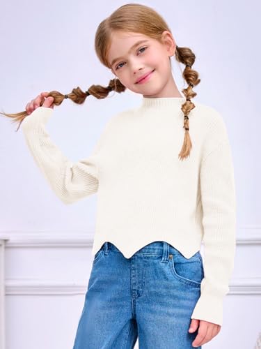 Image of Haloumoning Girls Mock Neck Sweaters Kids Fall Fashion Long Batwing Sleeve Rib Knit Pullover Clothes 5-14 Years