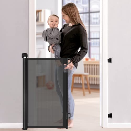 Image of Retractable Baby Gate, Baby Gate for Stairs, Retractable Dog Gate, Baby Gate with Door 33" Tall, Extends to 55" Wide, Mesh Safety Pet Gate for Staircases, Indoors, Outdoors and Hallways, Black
