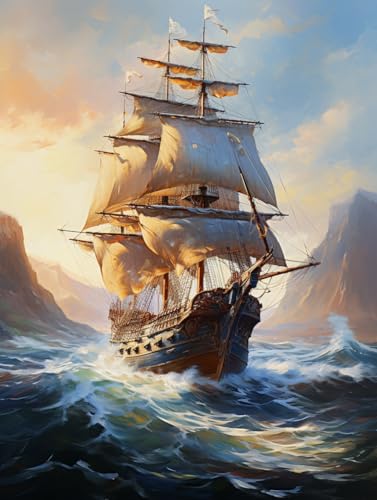 Handgemalte Wandbilder Segelschiff segelt auf dem Meer,40*60cm Leinwand Bilder Kunstdrucke Leinwanddruck Wandkunst Leinwand Malerei Poster Abstraktes...