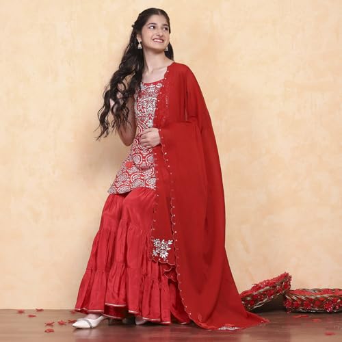 Image of BIBA Viscose Blend Printed Straight Formal Kurta With Sharara And Dupatta