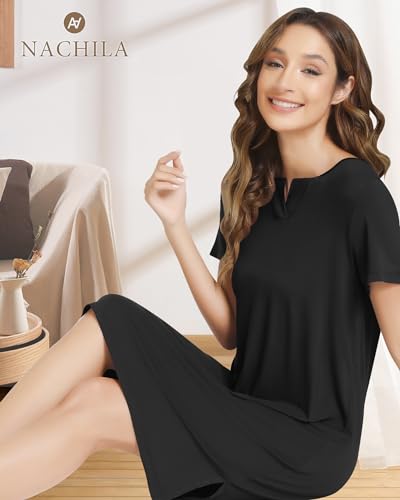 Image of NACHILA Women's Nightgowns-Viscose Made from Bamboo, Nightshirt Short Sleeve Sleepshirts Soft Sleepwear Cool Sleep Dress