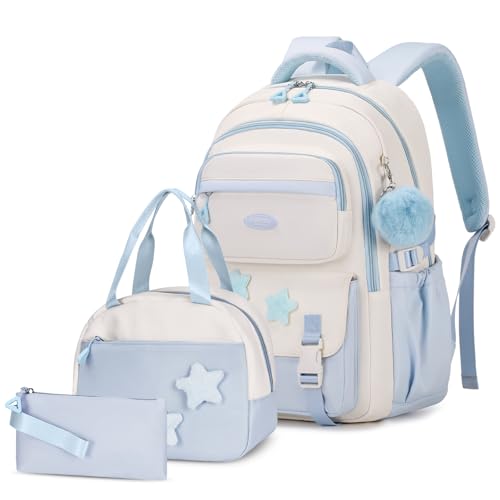 Amythe Schulranzen Mädchen Set, 3-teilig Lässig Rucksack für Mädchen 2. bis 5. Klasse mit Lunchpaket Mäppchen, Mehrere Fächer Schulrucksack Teenager, Kinder Schultasche, Blau