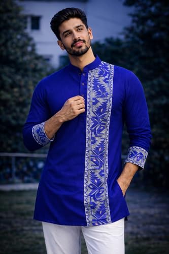 Image of Men's Cotton Jamdani Kurta for Festive, Casual Wear | Traditional Bengali Style Long Kurta | S to XL Size | White, Yellow, Blue Color Options