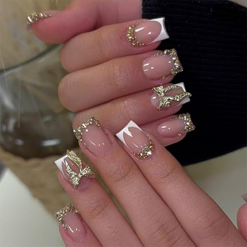 Image of Bow Press on Nails White Nail Press ons with Gold Rhinestone Design French Tip Glue on Nails Short Square Fake Nail Glossy Full Cover Artificial Acrylic Nude Stick on Nails for Women Manicure 24Pcs