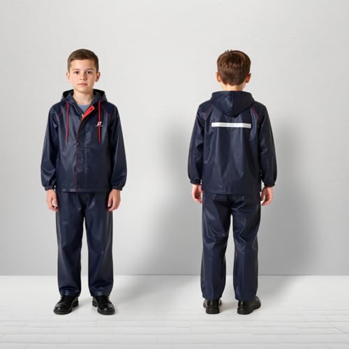Image of Amazon Brand Symactive Reversible Double Layered Standard Length Hooded Raincoat with Pants for Kids (Unisex) | Waterproof | Elastic Cuffs | Age 08 10 Years | Blue | Polyester
