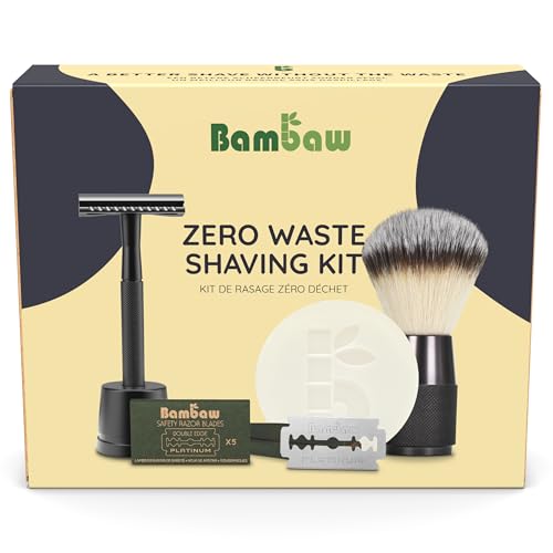 Bambaw Kit Rasage Homme – Rasoir de Sureté Homme avec Support, 15 Lames de Rasoir, Blaireau Rasage Homme et Savon à Barbe Sans Parfum, Coffret Cadeau Homme