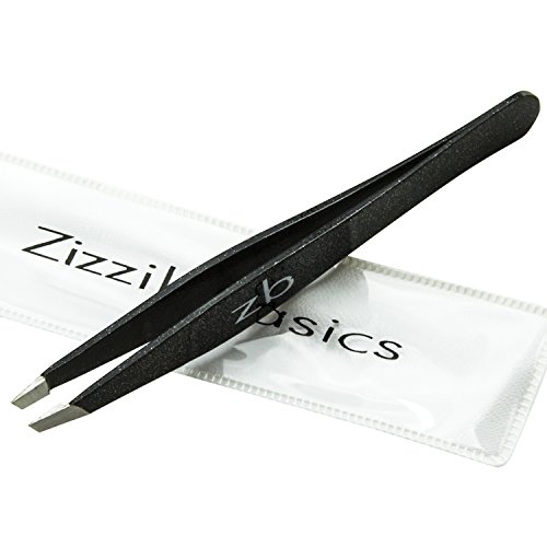 Tweezers – Surgical Grade Stainless Steel - Slant Tip for Expert Eyebrow Shaping and Facial Hair Removal – with Protective Pouch - Best Tweezer for Men and Women (Black)