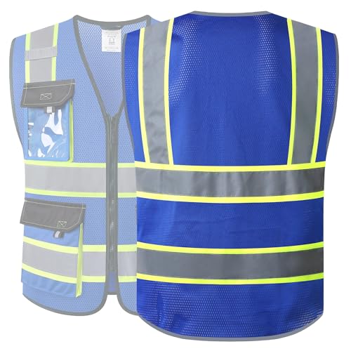 Image of JKSafety Hi Vis Reflective Safety Vests for Men Women High Visibility Vest with Pockets Mesh Fabric Construction Safety Apparel Neon Vest for Work (220-Blue S)