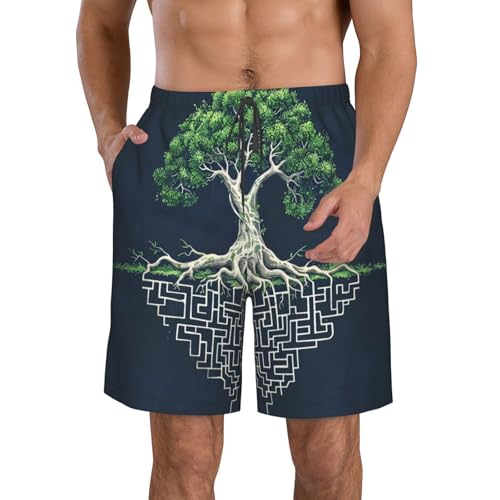 Men's Quick Dry Swim Shorts Tree of Life Maze Mystery Nature Blue Beach Trunks with Pockets