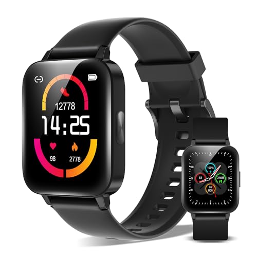 XINJI Smart Watch C1 mit Bluetooth 5.0, 1,69' Touchdisplay, Puls-/Blutsauerstoff-Messung, Kalorien-/Schrittzähler, Benachrichtigungsfunktion, App-Steuerung, Fernauslöser, 5ATM Wasserdicht, schwarz