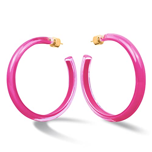 Gold Plated Sterling Silver Clear Lucite/Neon Pink 60MM Large Open Hoop Earrings - Round Flat Edge