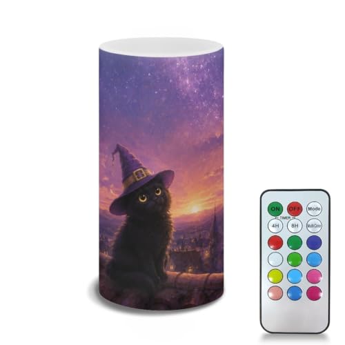 Image of Poceacles Flameless Candle Electric LED Lights with Timer Remote Color Lights, 3 AAA Batteries Operated (Not Include) Tealight for Home Indoor Halloween Decor, Wizard Hat Black Cat Galaxy Violet