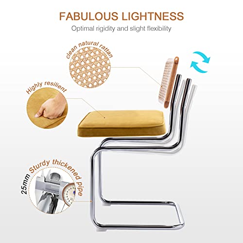 Image of Zesthouse Dining Chairs Set of 4, Natural Rattan Accent Chairs with Solid Wood Back & Stainless Chrome Base, Mid Century Modern Breuer Design Inspired, Upholstered Velvet Kitchen Chairs, Yellow