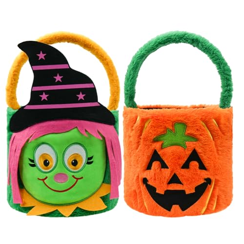 Image of Dia 7.9 inch * H 15.7 inch, Plush Halloween Baskets Trick or Treat Bags Halloween Candy Bucket, Gift Bucket for Party Favor Supplies (2Pcs-Pumpkin&Witch)