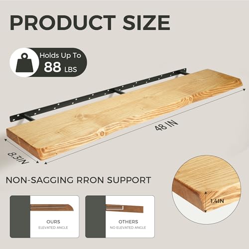Image of 48 Inch Floating Shelves for Wall Decor, 88lbs Solid Spruce Wood Live Edge Floating Shelves, 8 inch Deep Rustic Wall Shelf for Bathroom Kitchen Bedroom Living Room, Invisible Bracket, Natural(Set of 1)