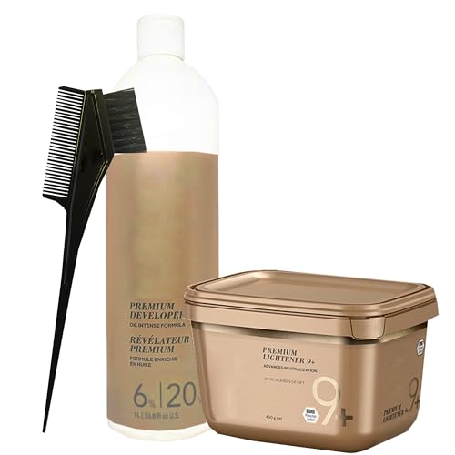 Blonde Me Lightener 9+ Bleach 450 grams, BlondeMe Developer 6% / 20 Volume 1 Liter and M Hair Designs Tint Brush Comb (Bundle)