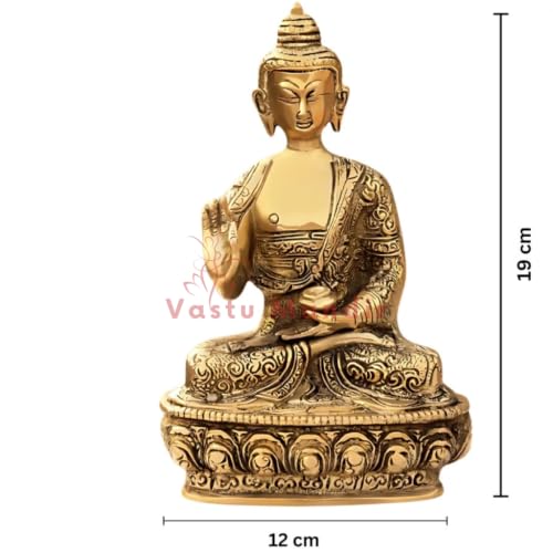 Image of Brass Blessing Buddha Idol, Vastu Remedy for Meditation (19 cm, 1.07 kg)