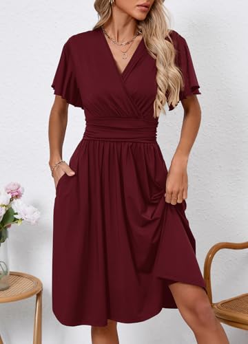 Image of Women's Casual Summer Dress V Neck Short Sleeve Flowy Stretchy Comfort Fit for Daily Wear Work Midi Dresses