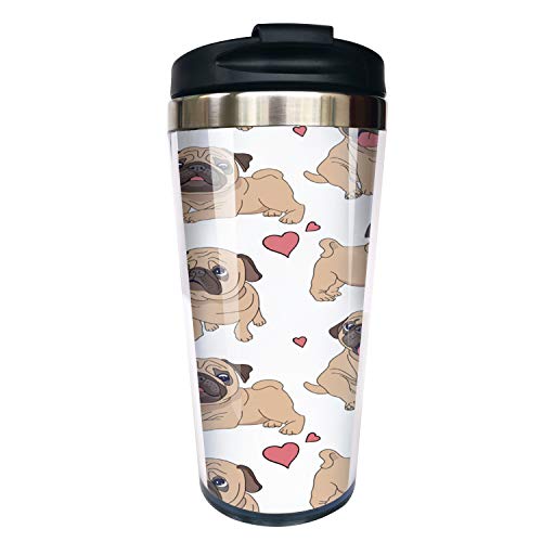 Hasdon-Hill Lovely Mops und Herz Reisetasse mit Wickeltuch und schwarzem Deckel, Edelstahl-Kaffeetasse für Damen Herren Papa Mama Geburtstag Freunde Geschenke 340 ml Cover