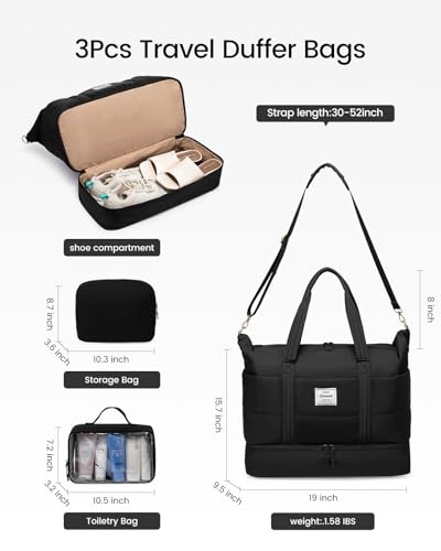 LOVEVOOK Travel Duffle Bag for Women, 3Pcs Puffer Large Weekender Overnight Bag with Shoe Compartment, Water Resistant Gym Duffel Bag, Carry on Bag for Hospital Delivery with Toiletry Organizer4