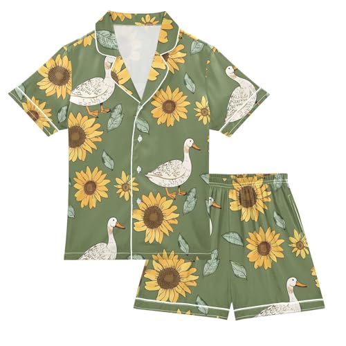 ALAZA Duck Sunflower Pajamas Satin Pajama Set Short Sleeve Button Down Sleepwear