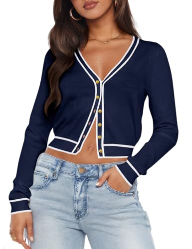Ezbelle Women's V Neck Sweater Long Sleeves Striped Shirt Knit Button Down Top Open Front Cardigan Crop Sweaters