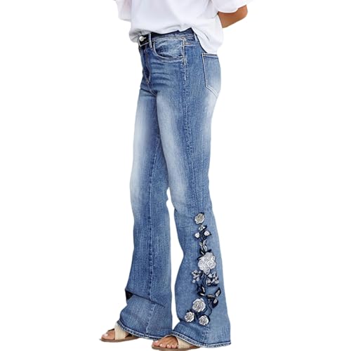 Plus Size Women Jeans Embroidered Denim Flared Hem Floral Embroidery Mid Waist High Stretch Jeans with Pockets