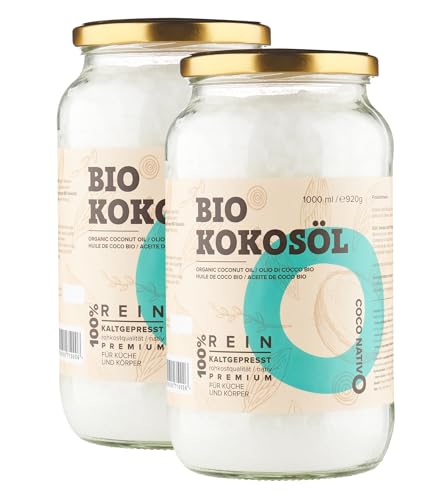 Kokosöl Bio CocoNativo 2x1000ml (2L) - Coconut Oil - Kokosnussöl in Rohkostqualität - Reines Kokosfett - Bio Kokosöl zum Kochen Braten und Backen für die Haare Zähne und Haut