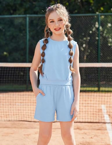 Image of Arshiner Girls 2 Piece Short Sets Sleeveless Tops and Shorts with Pockets | Round Neck Waist Elastic Sport Clothing Outfits Perfect for Spring Summer