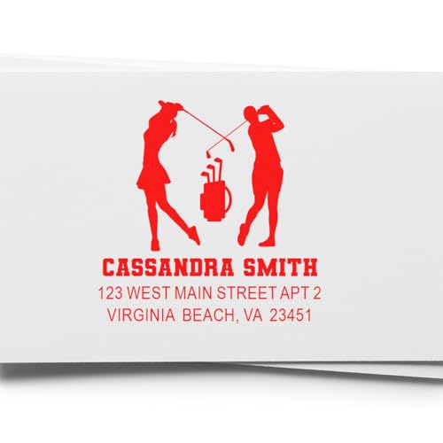 Image of Golf Swing Silhouettes Slim Pre Inked Address Stamp Custom Made - for Tags | Portable Address Stamper. Choice of 5 ink colors. Golf Address Stamp. Laser-cut lettering. One household per die.