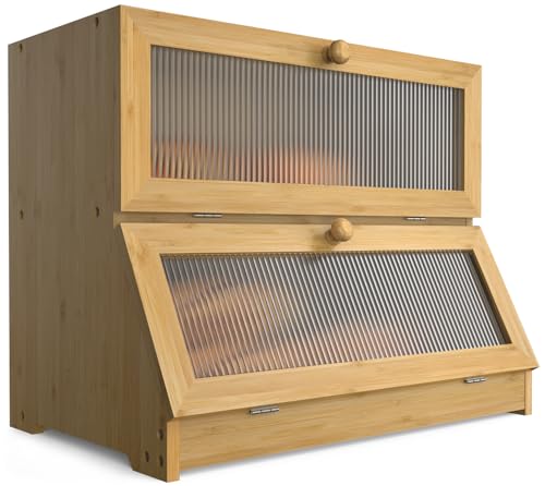 LOHASOK Bread Box for Kitchen Countertop: Bamboo Bread Storage Container for Homemade Bread, 2 Layer Breadbox, Large Bread Keeper Holder,Wood Color