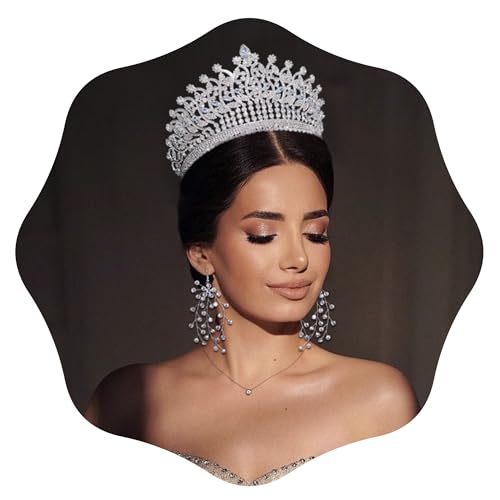 Tall Crowns for Women Princess Silver Wedding Tiaras with Crystal Cubic Zirconia FASNAHOK
