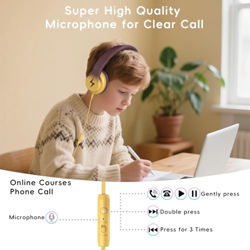Image of Candy Bila Kids Headphones, Wired Headphones for Kids Over Ear with Microphone, 85 /94dB Volume Headphone for Girls Boys, Foldable Headphone for Learning, Gradient Brown and Yellow