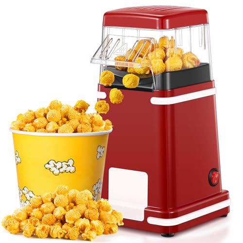 Heißluft Popcornmaschine 1200W, Fettfrei & BPA-frei Popcorn Maker ohne Öl, Retro Design Popcornautomat mit One-Touch Bedienung, Schnell in 3 Min, Für Zuhause, Heimkino & Party