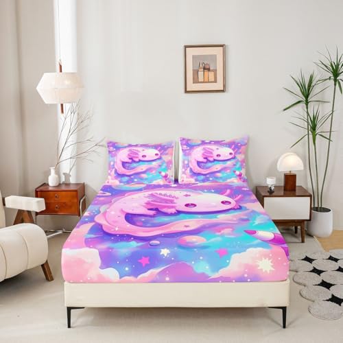 Image of jejeloiu Cute Axolotl Bed Sheets Sets King Size Kids Boys Girls Galaxy Planet Space Bedding Set Cartoon Animal Bed Sheet Set with 16-Inch Deep Pockets Pink Dreamy Starry 4Pcs with 2 Pillow Cases
